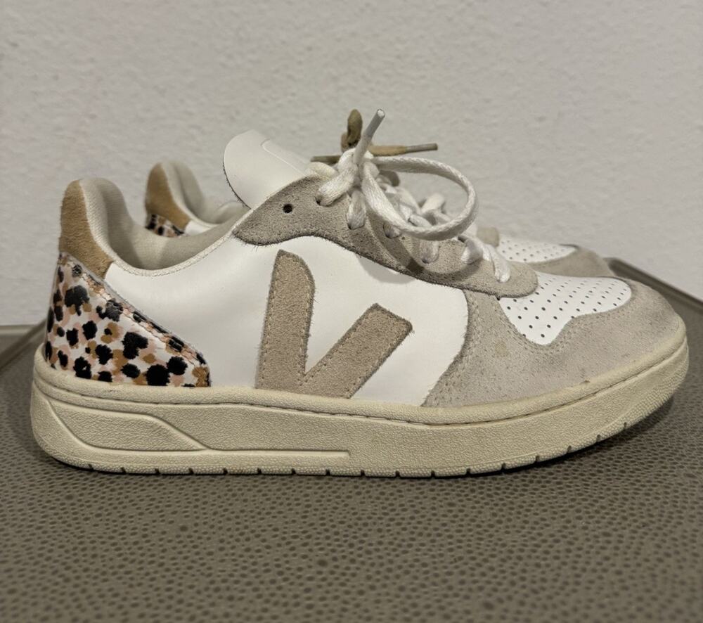 Veja x Madewell V-10 Animal Print Leather Natural White Casual Shoes Women Sz 7